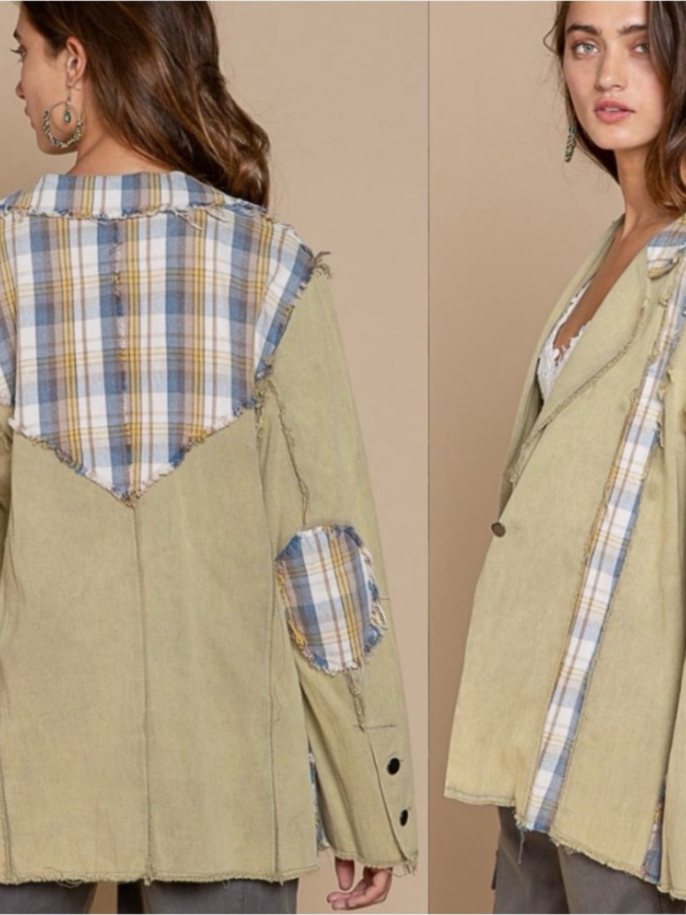 POL Olive Green Blazer with Blue & Yellow Plaid Trim
